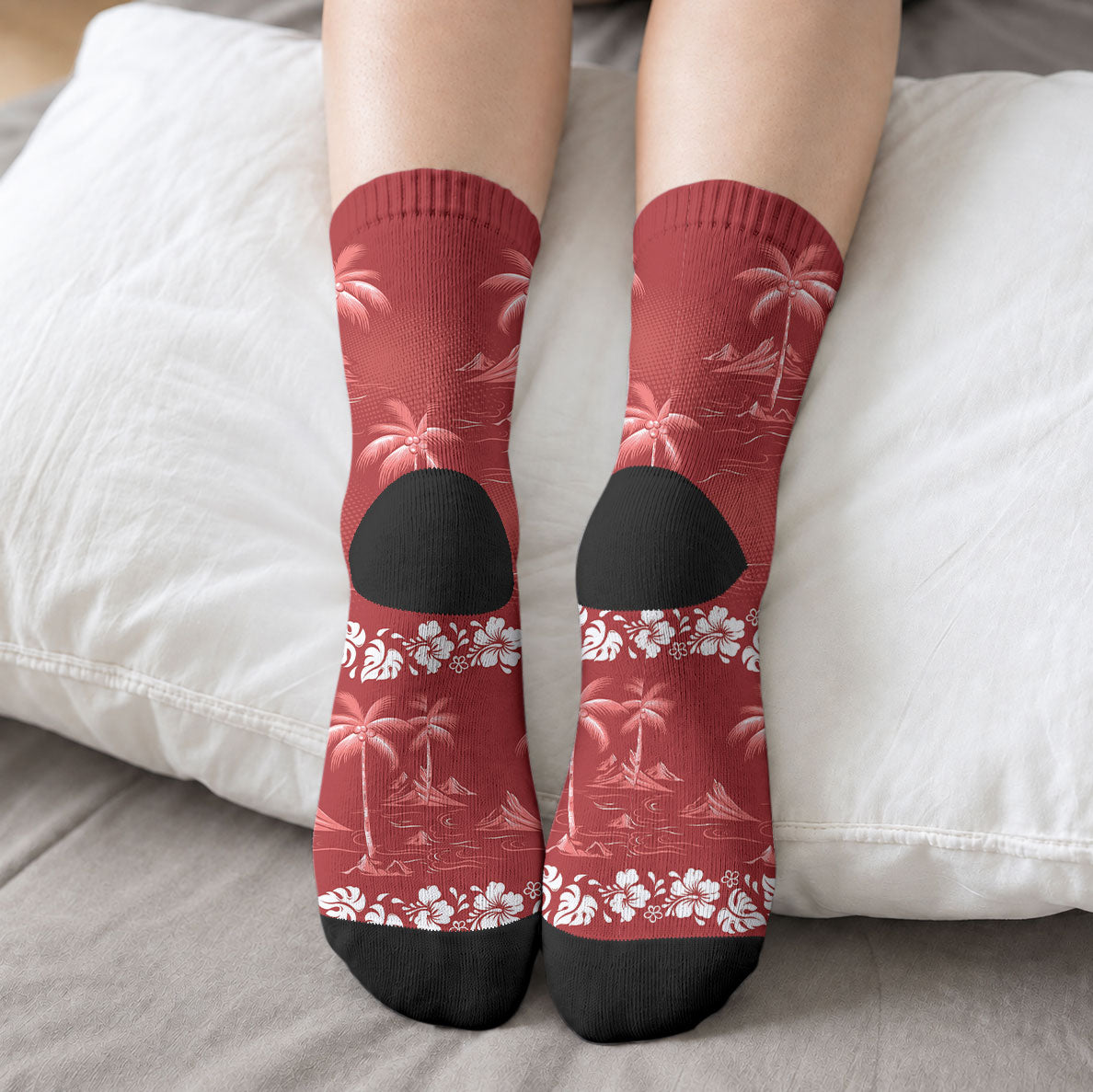 Red Hawaii Palm Tree Hibiscus Crew Socks Fantasy Summer Vibe