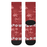 Red Hawaii Palm Tree Hibiscus Crew Socks Fantasy Summer Vibe