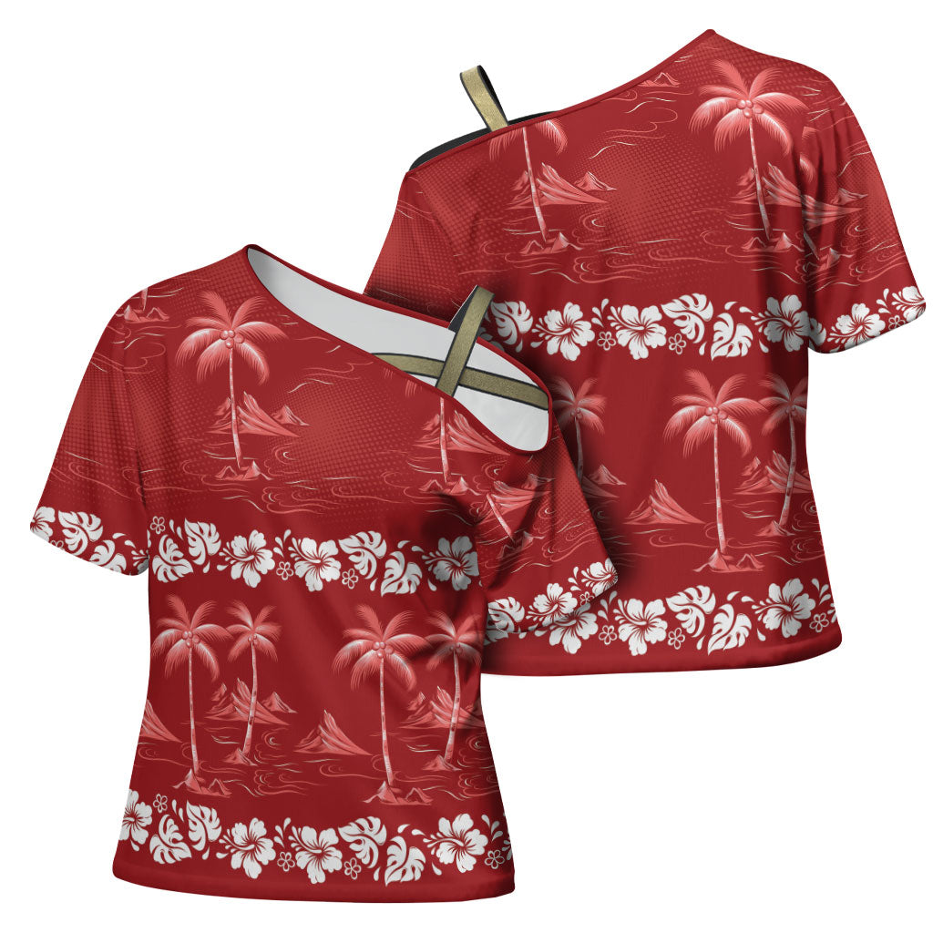 Red Hawaii Palm Tree Hibiscus Cross Shoulder Shirt Fantasy Summer Vibe LT01 - Polynesian Pride
