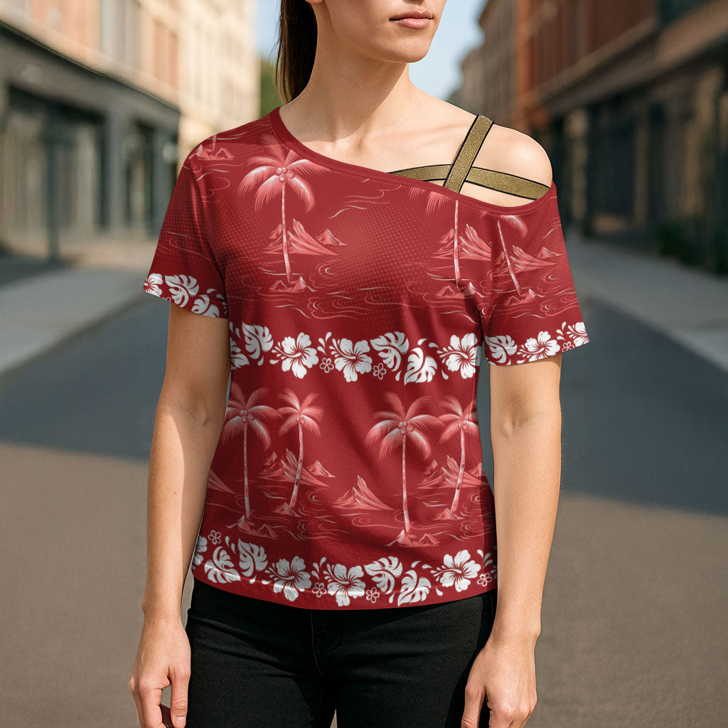 Red Hawaii Palm Tree Hibiscus Cross Shoulder Shirt Fantasy Summer Vibe LT01 - Polynesian Pride