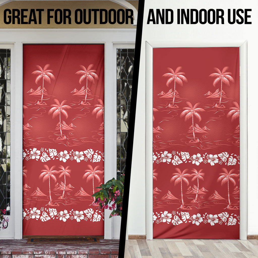 Red Hawaii Palm Tree Hibiscus Door Cover Fantasy Summer Vibe
