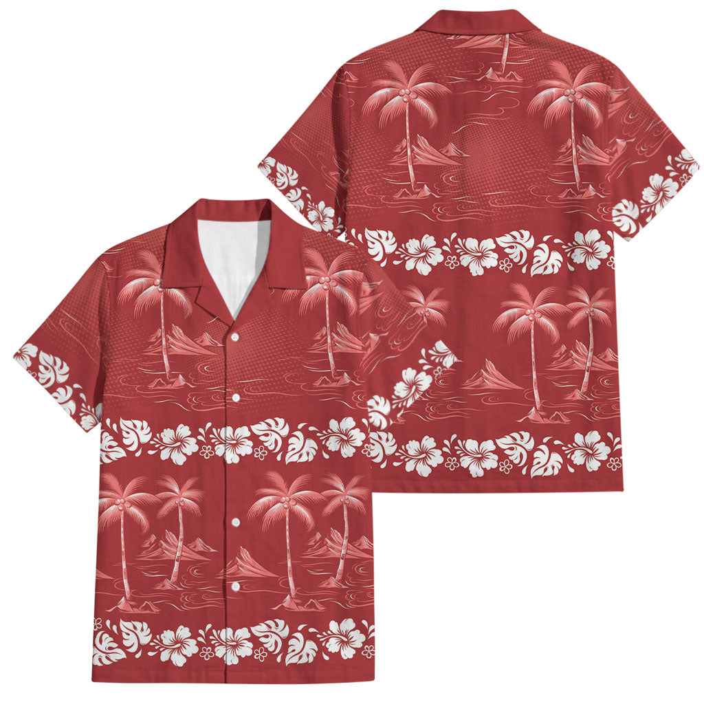 Red Hawaii Palm Tree Hibiscus Family Matching Mermaid Dress and Hawaiian Shirt Fantasy Summer Vibe LT01 Dad's Shirt - Short Sleeve Red - Polynesian Pride