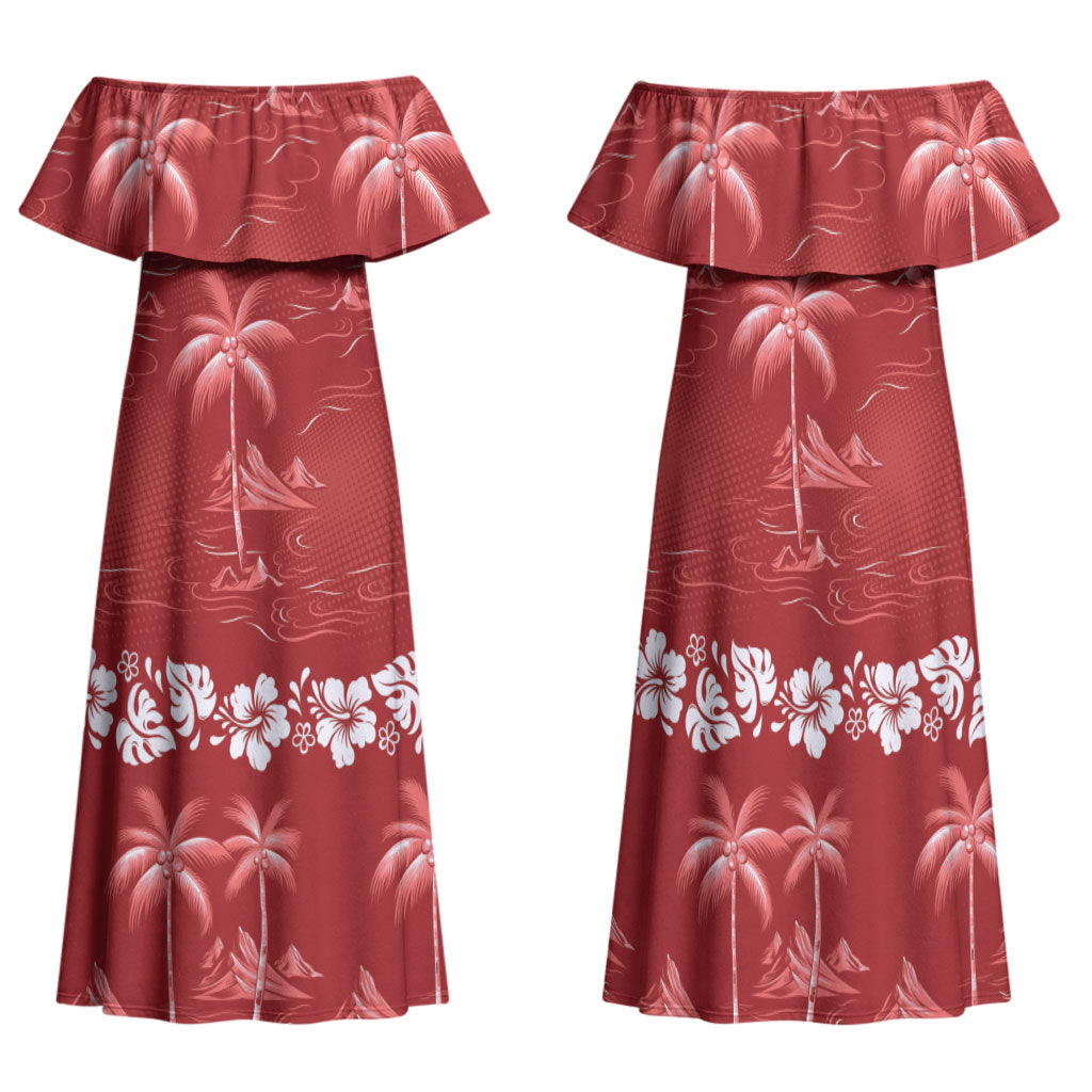 Red Hawaii Palm Tree Hibiscus Family Matching Off Shoulder Maxi Dress and Hawaiian Shirt Fantasy Summer Vibe