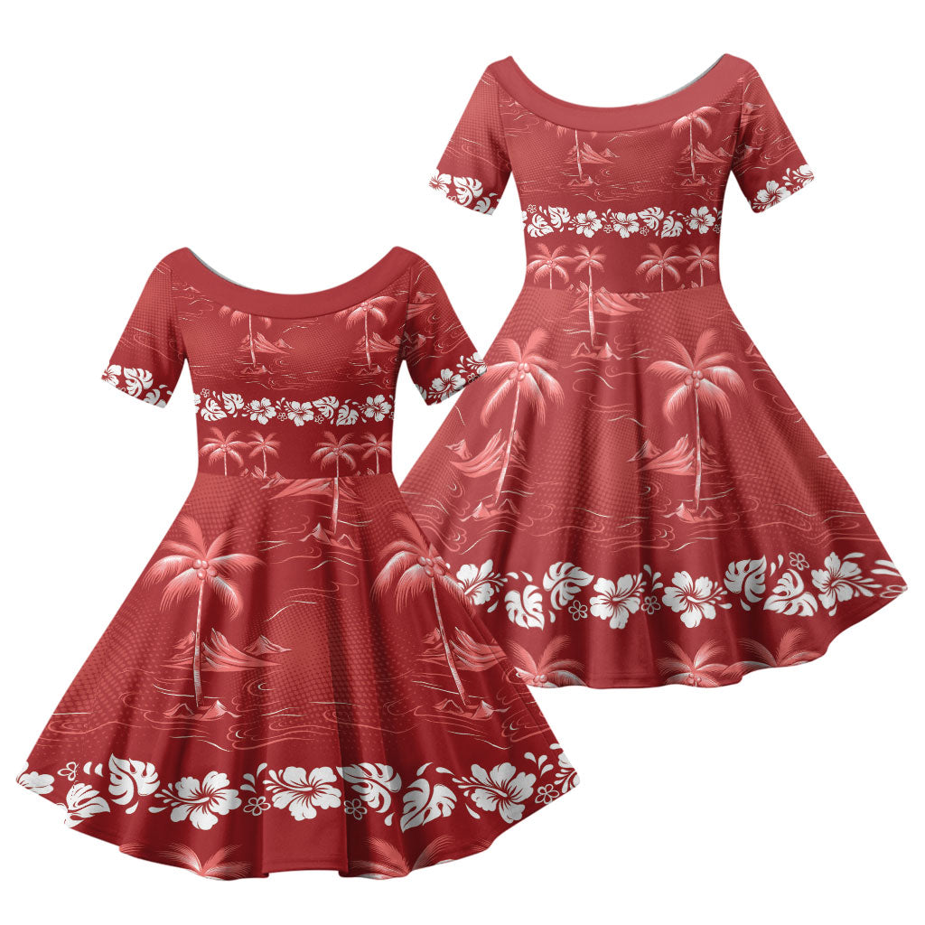 Red Hawaii Palm Tree Hibiscus Family Matching Off Shoulder Maxi Dress and Hawaiian Shirt Fantasy Summer Vibe