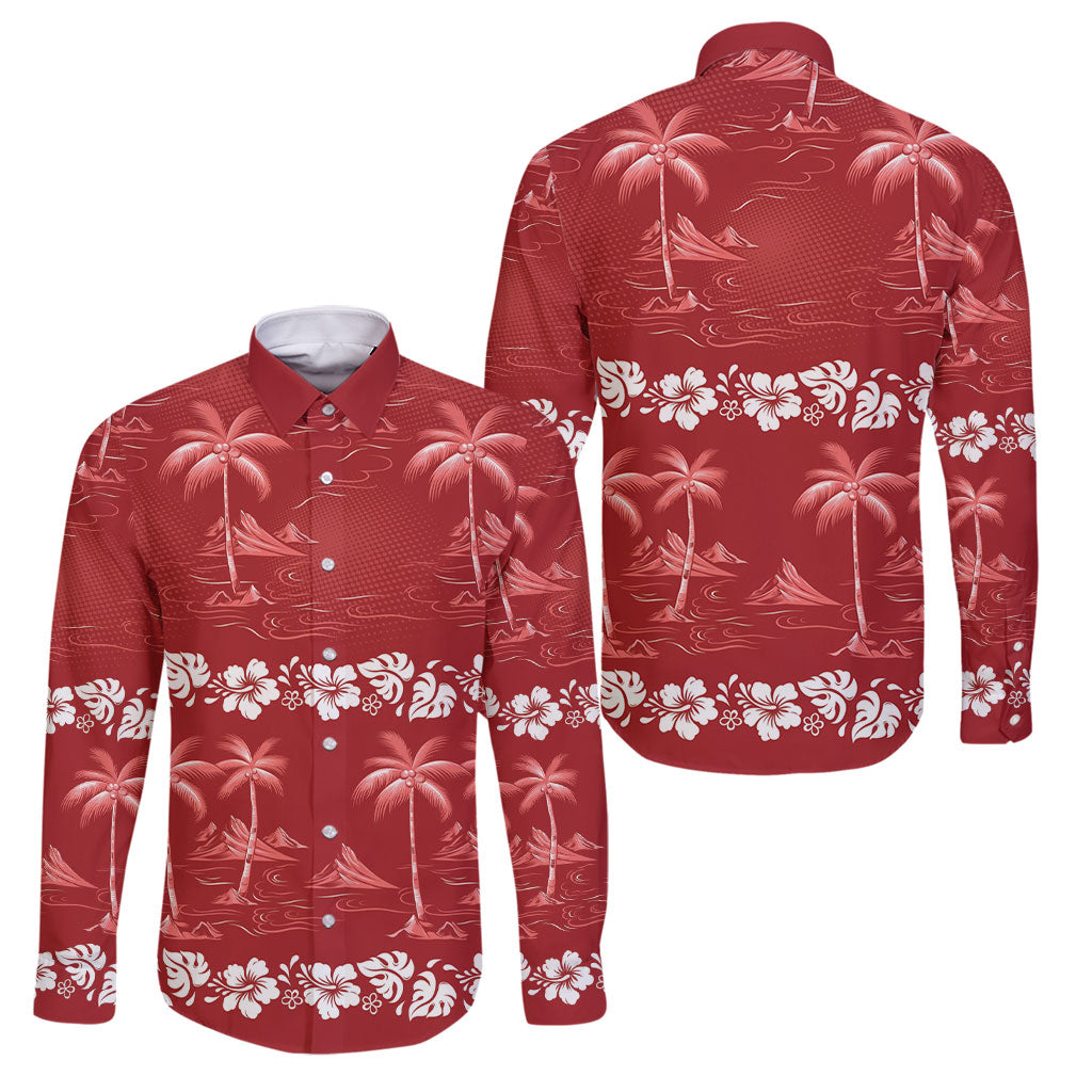 Red Hawaii Palm Tree Hibiscus Family Matching Puletasi and Hawaiian Shirt Fantasy Summer Vibe