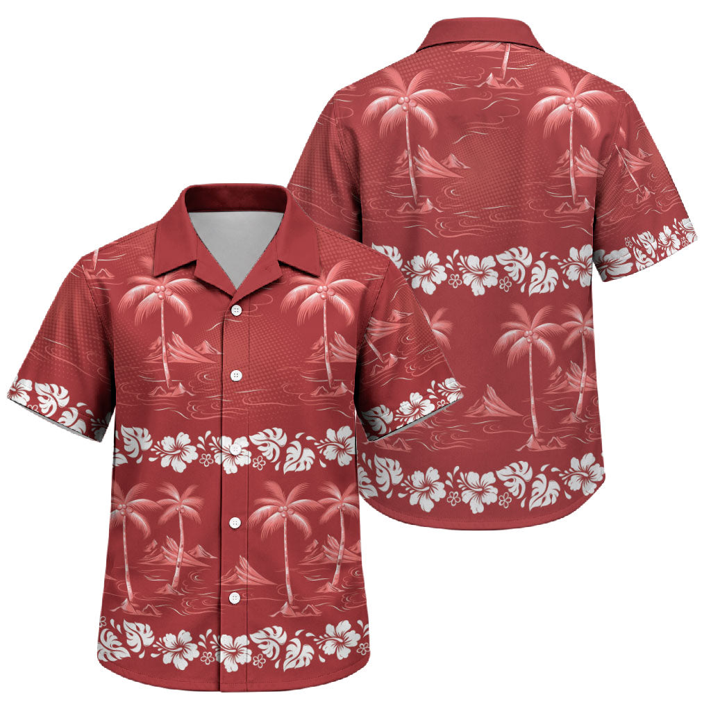 Red Hawaii Palm Tree Hibiscus Family Matching Puletasi and Hawaiian Shirt Fantasy Summer Vibe