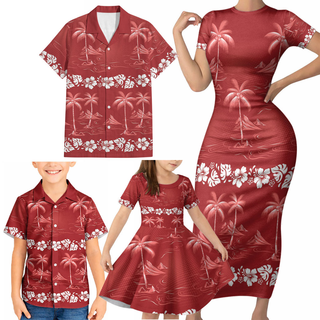 Red Hawaii Palm Tree Hibiscus Family Matching Short Sleeve Bodycon Dress and Hawaiian Shirt Fantasy Summer Vibe LT01 - Polynesian Pride