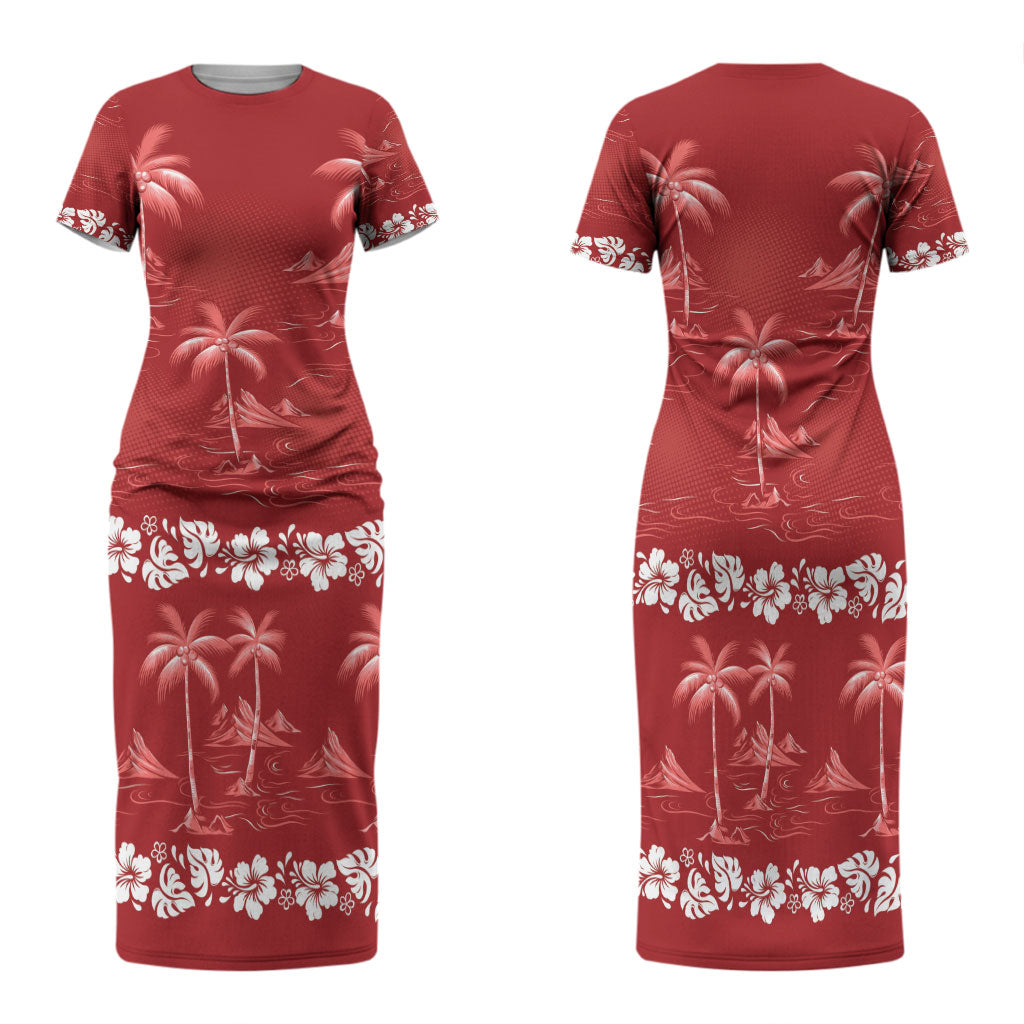 Red Hawaii Palm Tree Hibiscus Family Matching Short Sleeve Bodycon Dress and Hawaiian Shirt Fantasy Summer Vibe LT01 Mom's Dress Red - Polynesian Pride
