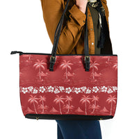 Red Hawaii Palm Tree Hibiscus Leather Tote Bag Fantasy Summer Vibe