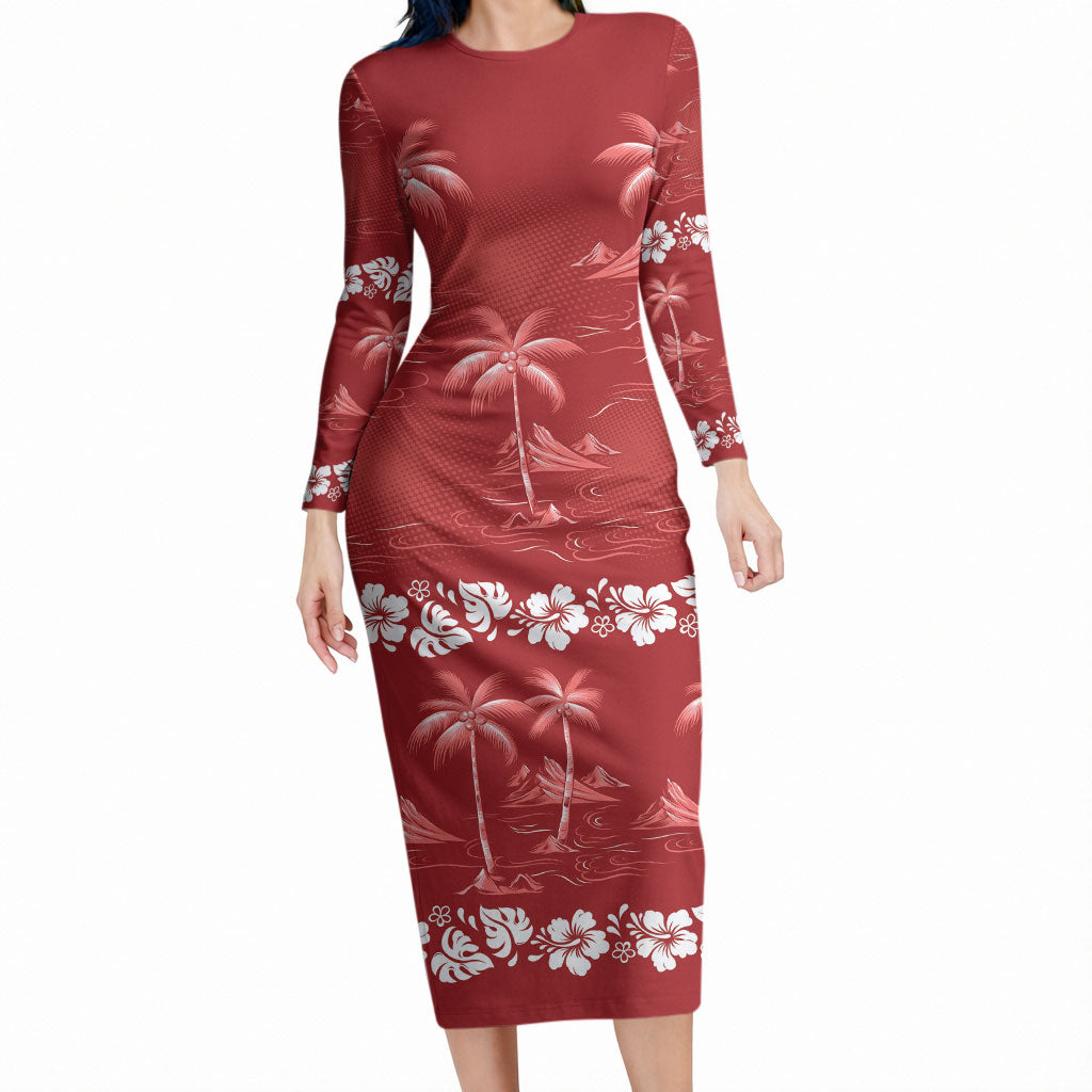 Red Hawaii Palm Tree Hibiscus Long Sleeve Bodycon Dress Fantasy Summer Vibe LT01 Long Dress Red - Polynesian Pride