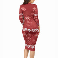 Red Hawaii Palm Tree Hibiscus Long Sleeve Bodycon Dress Fantasy Summer Vibe LT01 - Polynesian Pride