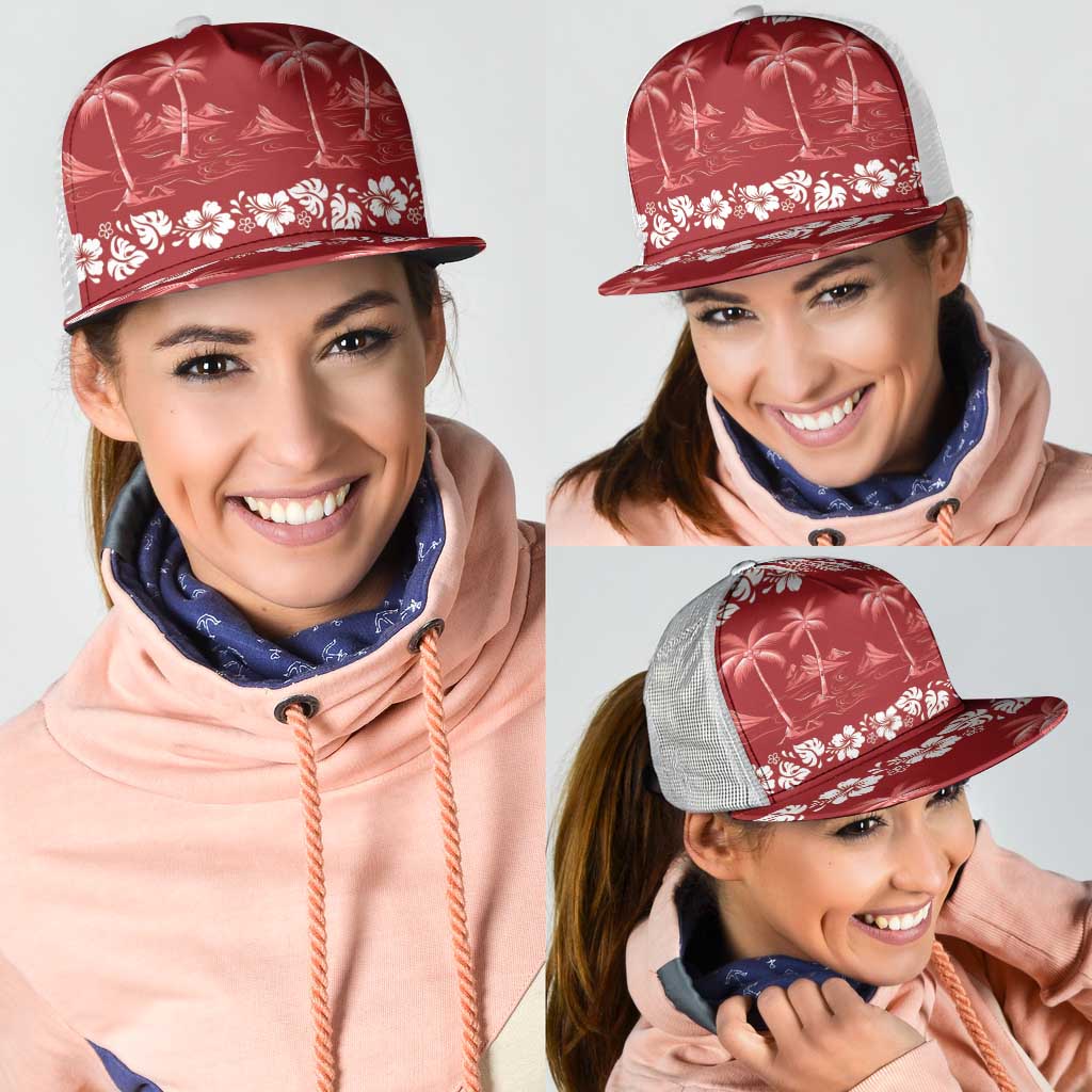 Red Hawaii Palm Tree Hibiscus Mesh Trucker Cap Fantasy Summer Vibe LT01 - Polynesian Pride