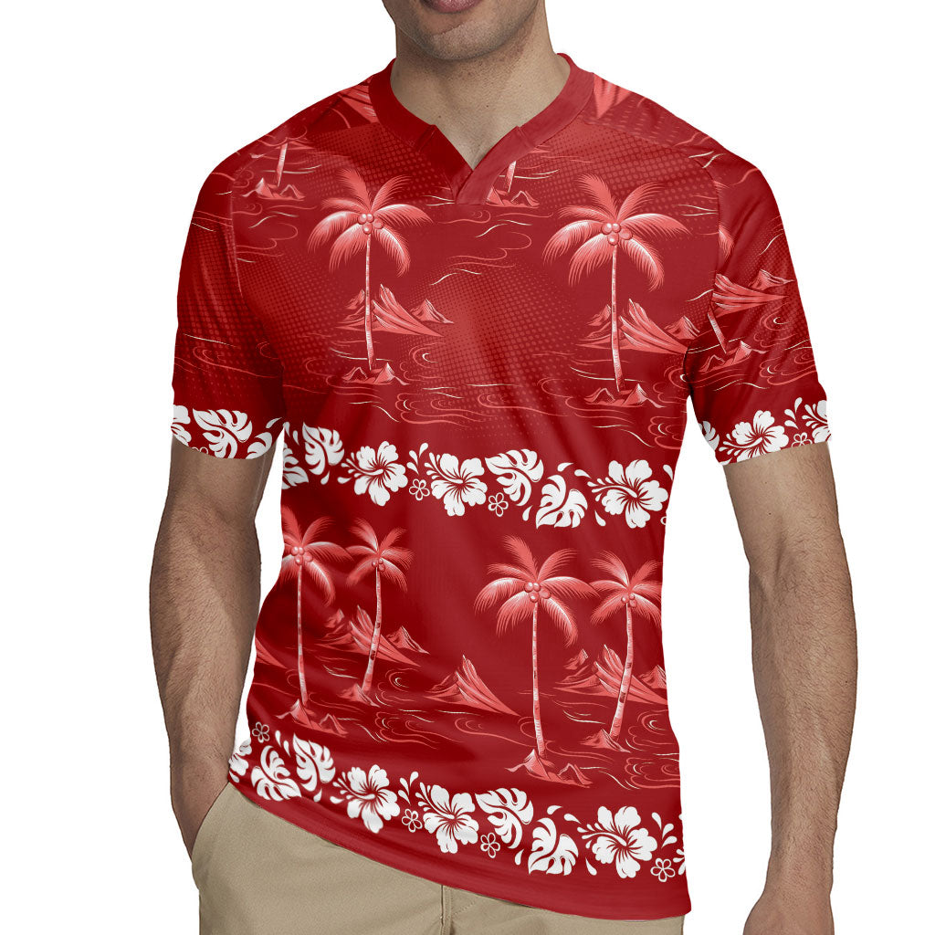 Red Hawaii Palm Tree Hibiscus Rugby Jersey Fantasy Summer Vibe LT01 - Polynesian Pride