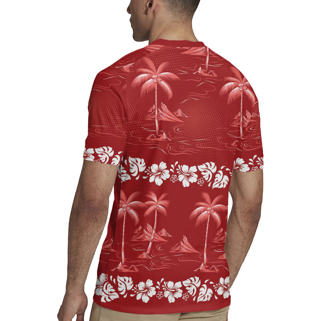 Red Hawaii Palm Tree Hibiscus Rugby Jersey Fantasy Summer Vibe LT01 - Polynesian Pride