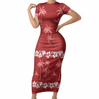 Red Hawaii Palm Tree Hibiscus Short Sleeve Bodycon Dress Fantasy Summer Vibe LT01 Long Dress Red - Polynesian Pride