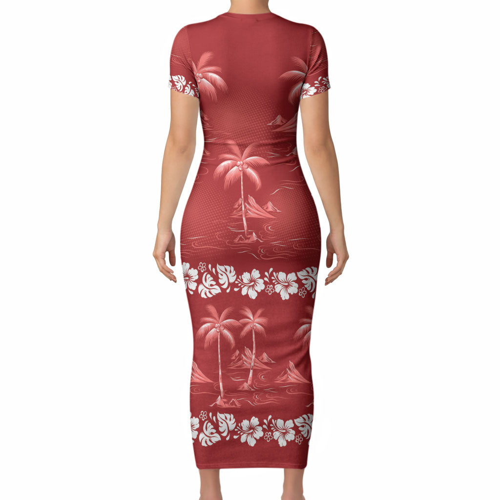Red Hawaii Palm Tree Hibiscus Short Sleeve Bodycon Dress Fantasy Summer Vibe LT01 - Polynesian Pride