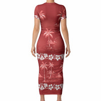 Red Hawaii Palm Tree Hibiscus Short Sleeve Bodycon Dress Fantasy Summer Vibe LT01 - Polynesian Pride