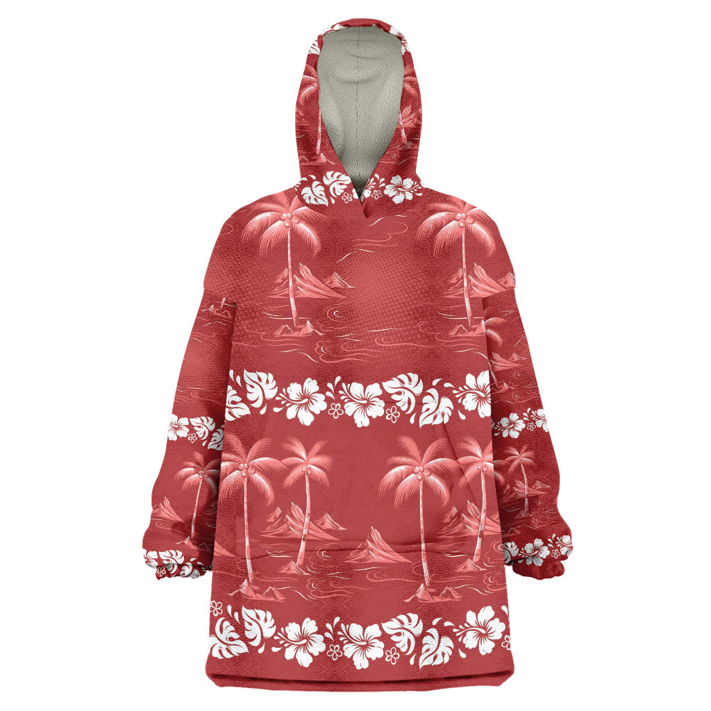 Red Hawaii Palm Tree Hibiscus Wearable Blanket Hoodie Fantasy Summer Vibe LT01 One Size Red - Polynesian Pride