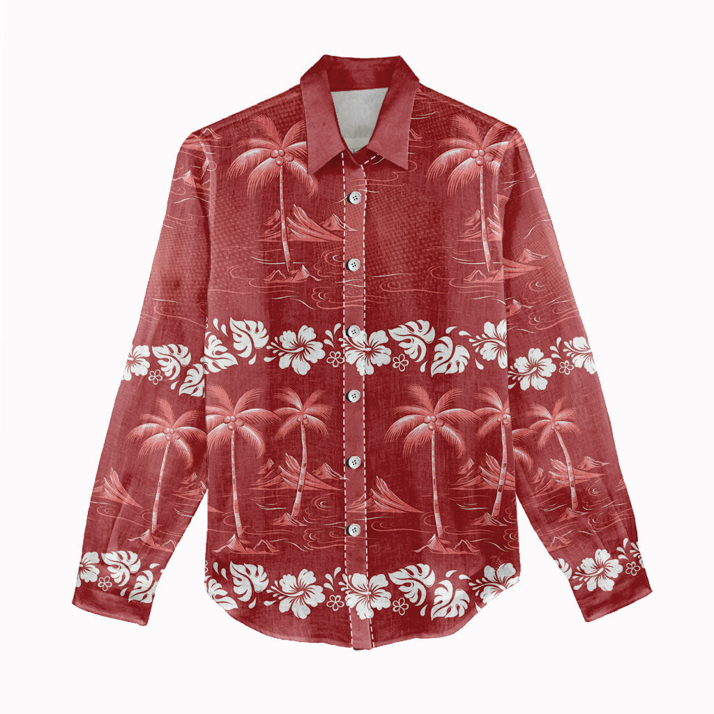 Red Hawaii Palm Tree Hibiscus Women Casual Shirt Fantasy Summer Vibe
