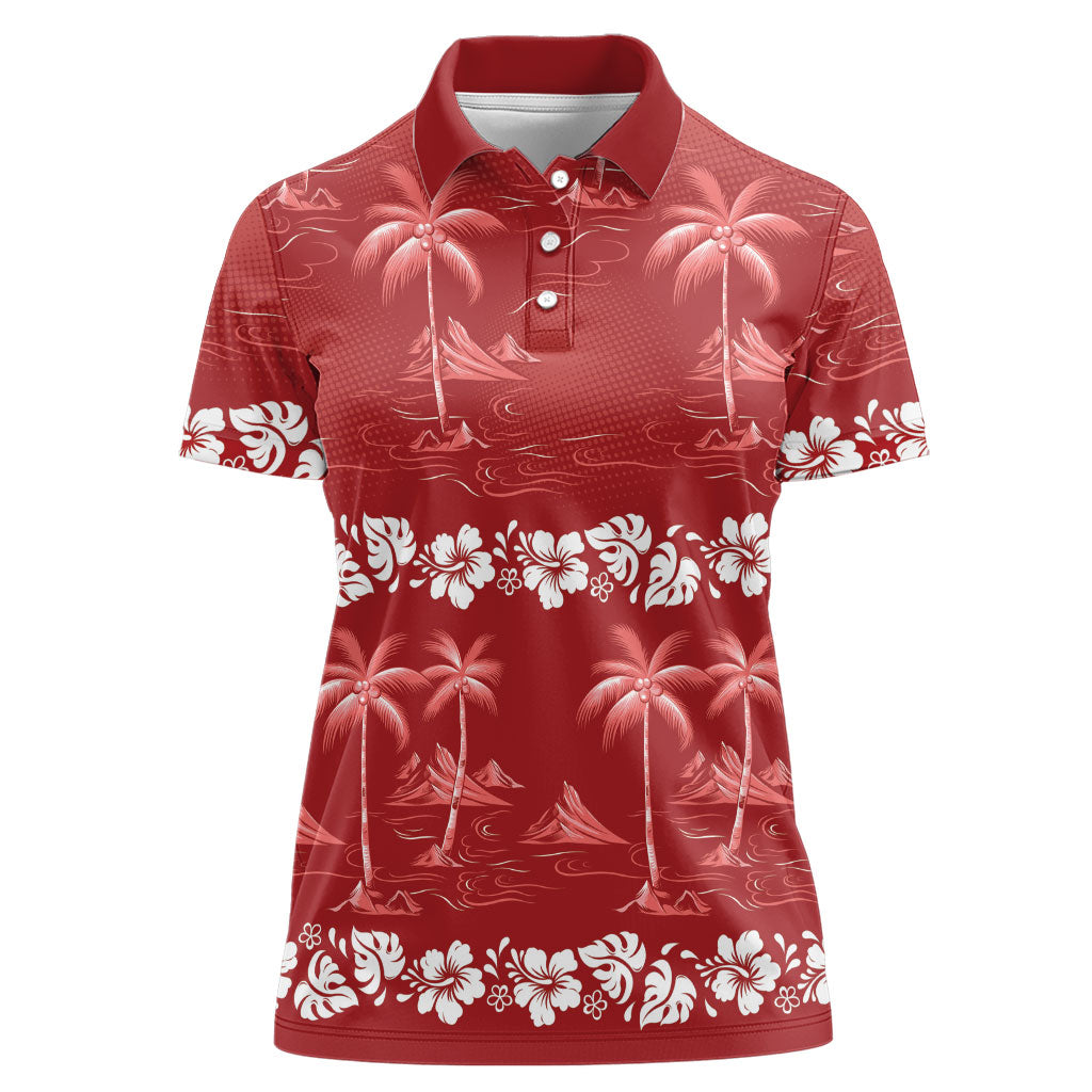 Red Hawaii Palm Tree Hibiscus Women Polo Shirt Fantasy Summer Vibe