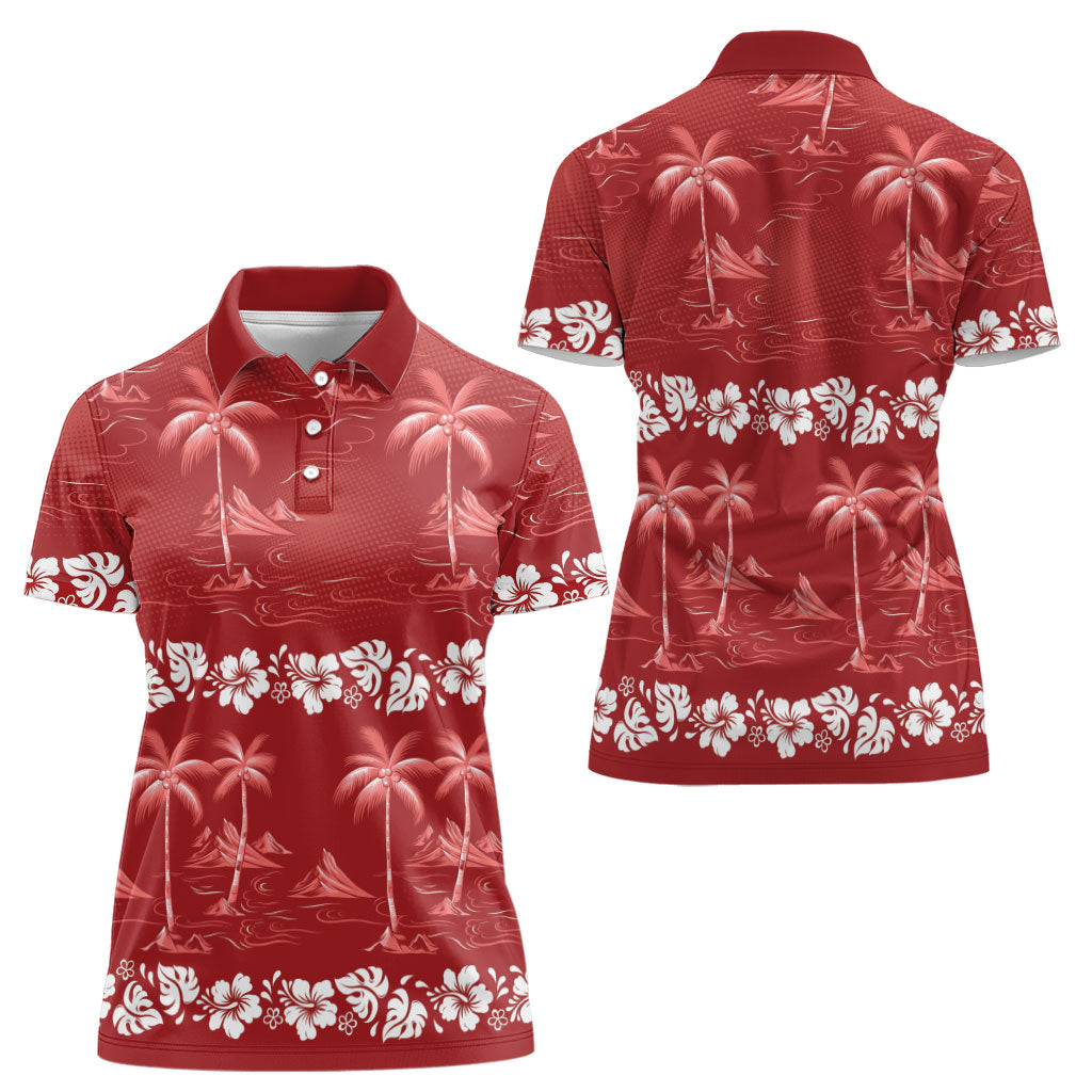 Red Hawaii Palm Tree Hibiscus Women Polo Shirt Fantasy Summer Vibe