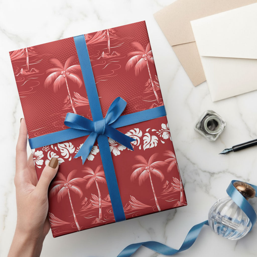 Red Hawaii Palm Tree Hibiscus Wrapping Paper Fantasy Summer Vibe LT01 - Polynesian Pride