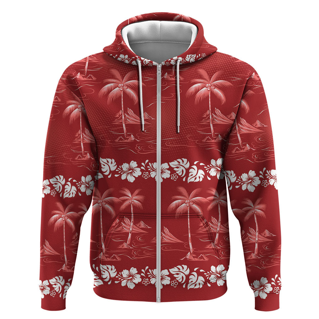 Red Hawaii Palm Tree Hibiscus Zip Hoodie Fantasy Summer Vibe