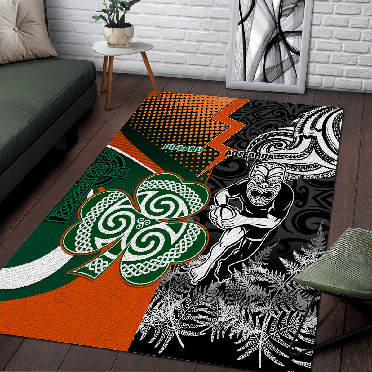 New Zealand and Ireland Rugby Area Rug Silver Fern With Shamrock 2023 World Cup LT01 Art - Polynesian Pride