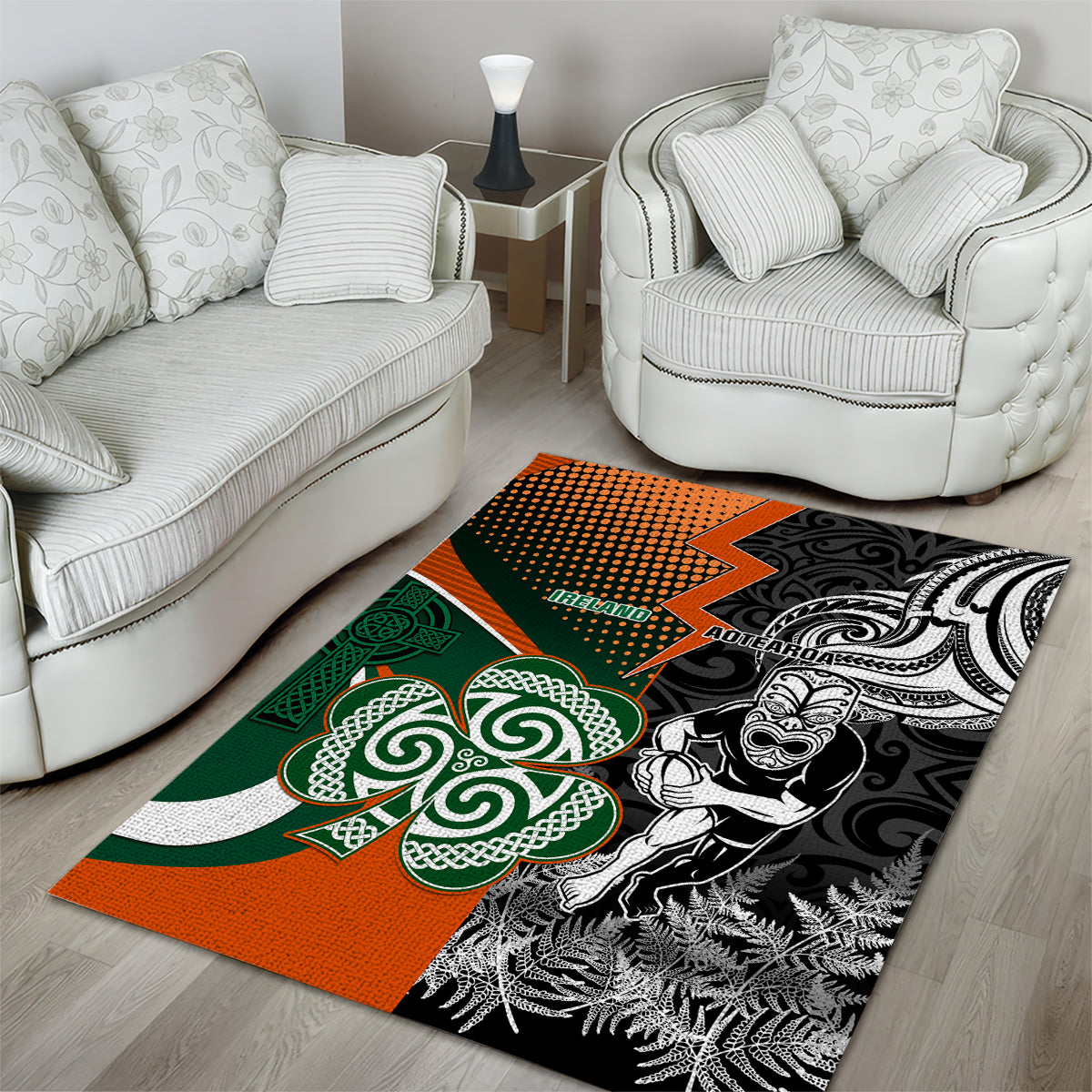 New Zealand and Ireland Rugby Area Rug Silver Fern With Shamrock 2023 World Cup LT01 - Polynesian Pride