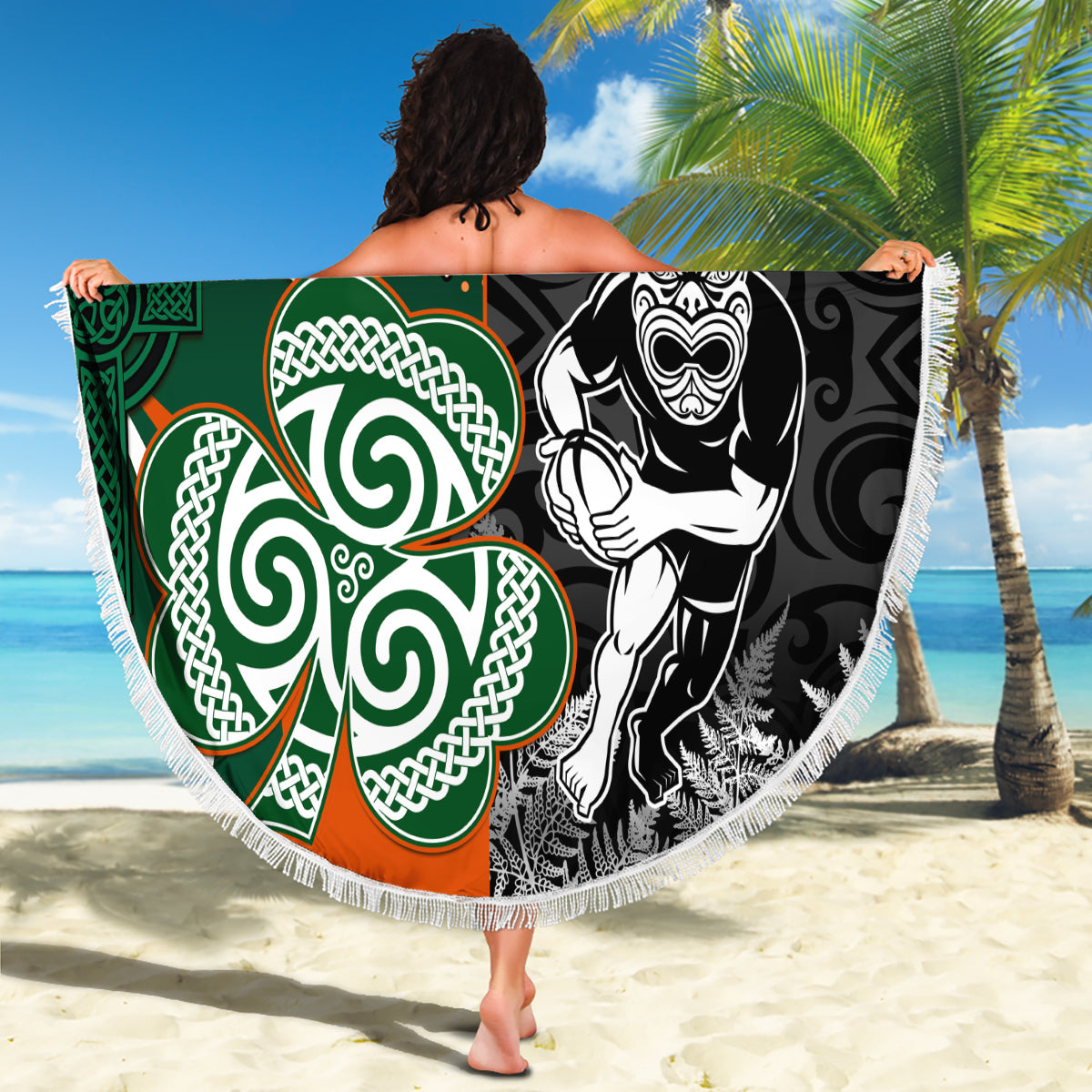 New Zealand and Ireland Rugby Beach Blanket Silver Fern With Shamrock 2023 World Cup LT01 - Wonder Print Shop