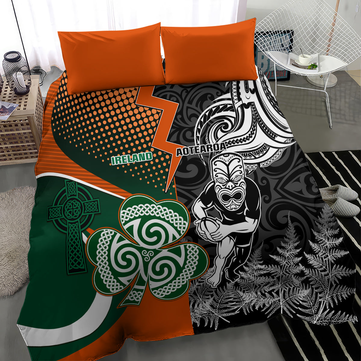 New Zealand and Ireland Rugby Bedding Set Silver Fern With Shamrock 2023 World Cup LT01 - Polynesian Pride