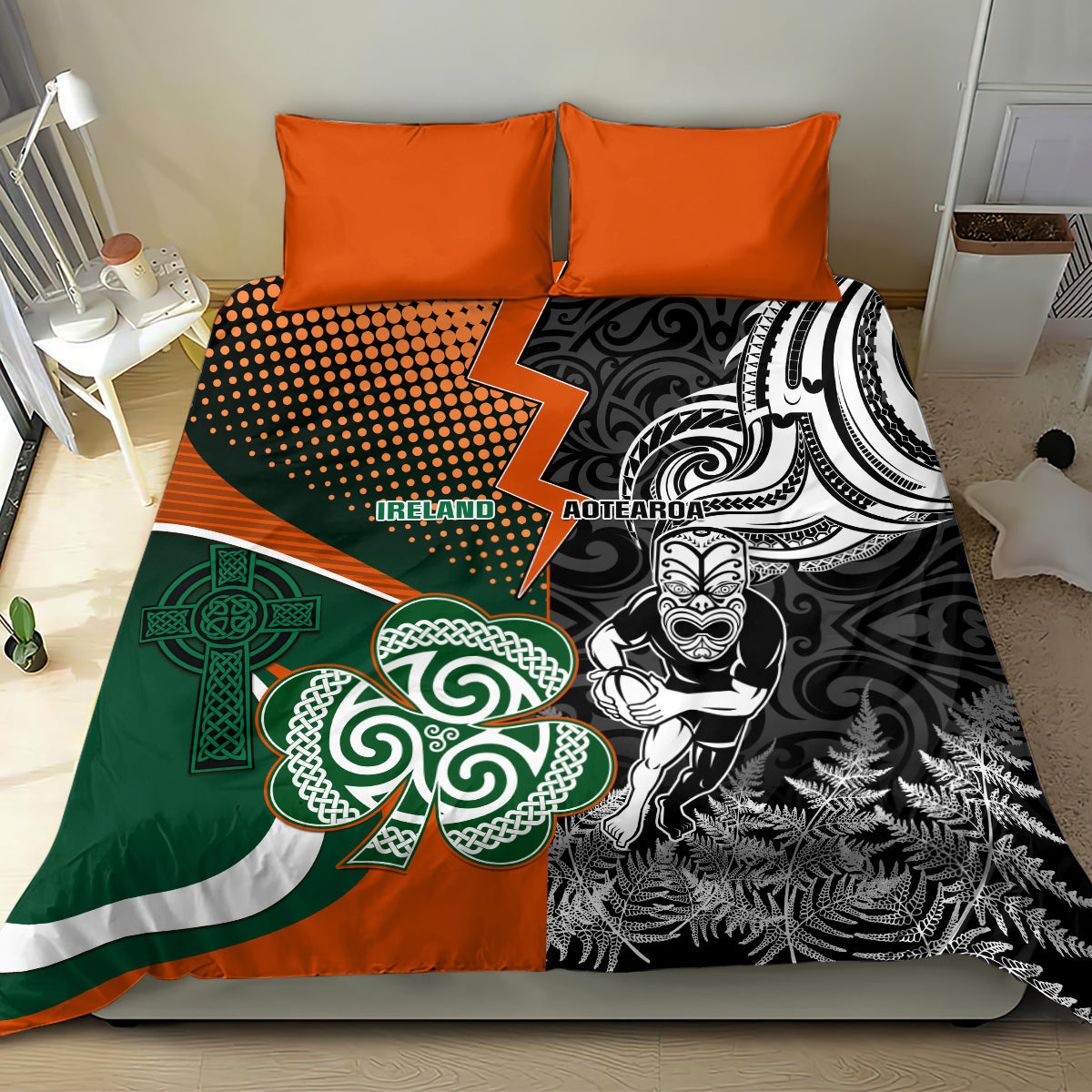 New Zealand and Ireland Rugby Bedding Set Silver Fern With Shamrock 2023 World Cup LT01 - Polynesian Pride