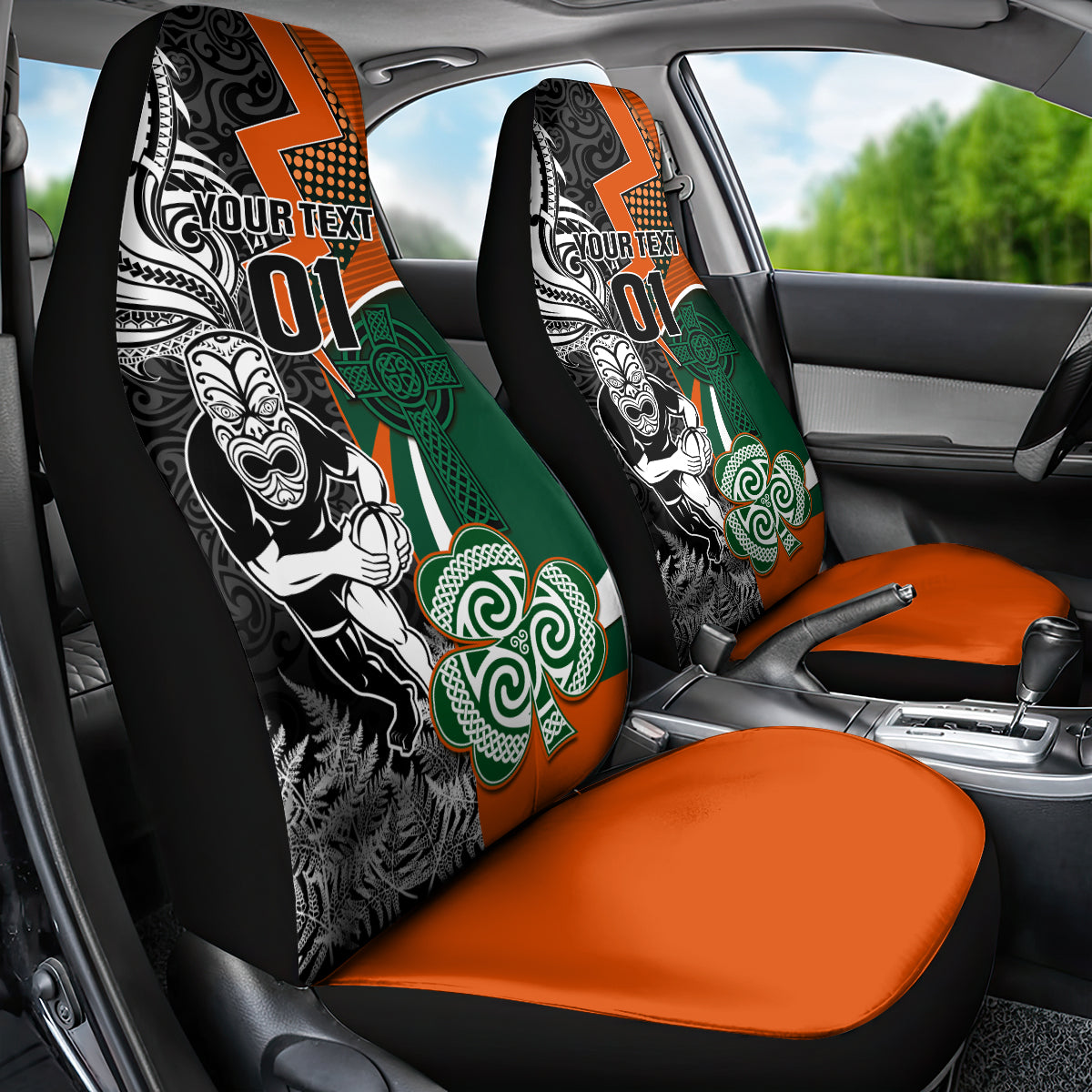 New Zealand and Ireland Rugby Car Seat Cover Silver Fern With Shamrock 2023 World Cup LT01 - Polynesian Pride