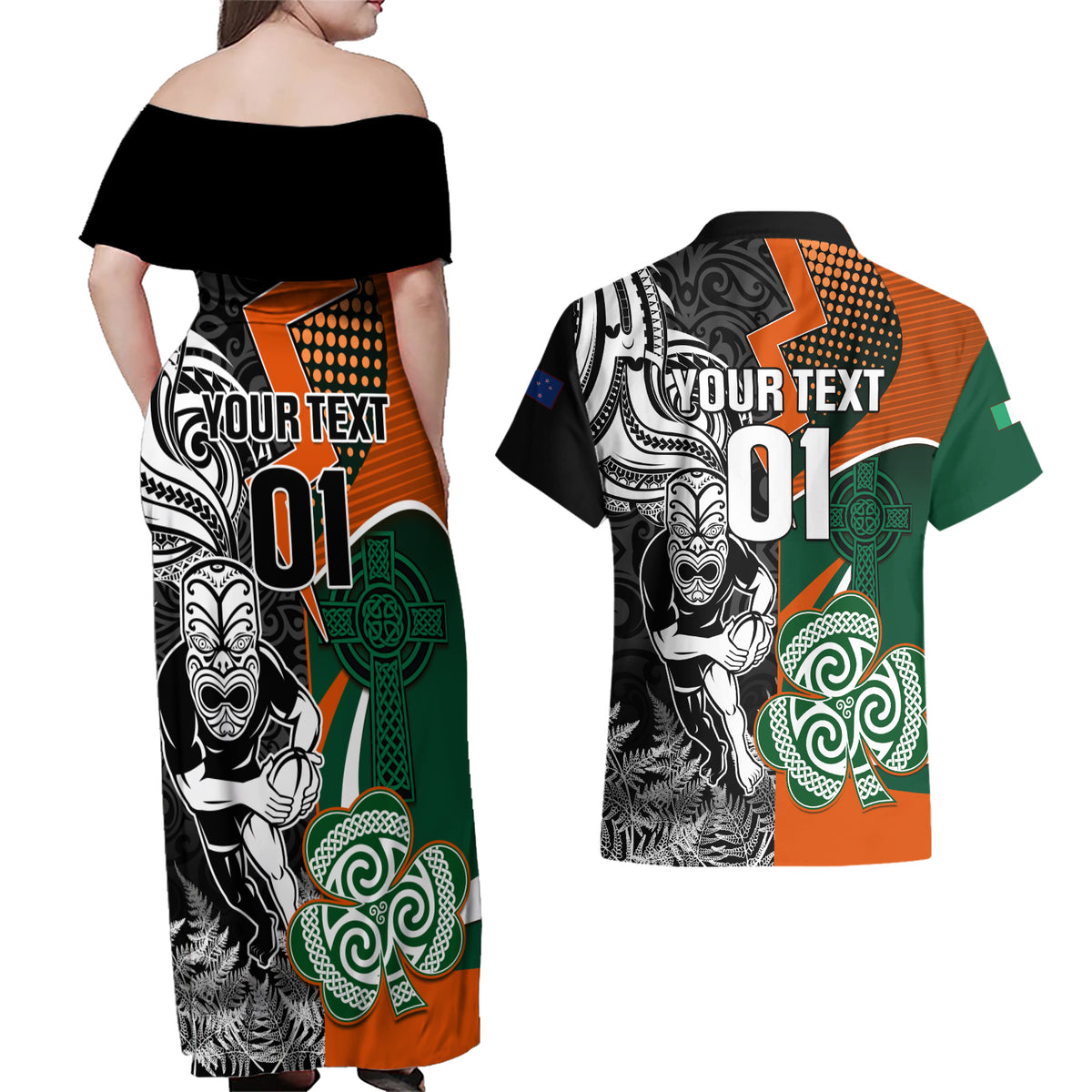 New Zealand and Ireland Rugby Couples Matching Off Shoulder Maxi Dress and Hawaiian Shirt Silver Fern With Shamrock 2023 World Cup LT01 - Polynesian Pride