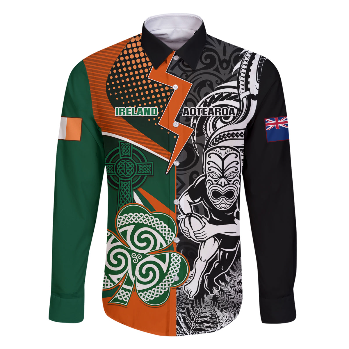 New Zealand and Ireland Rugby Family Matching Off Shoulder Long Sleeve Dress and Hawaiian Shirt Silver Fern With Shamrock 2023 World Cup LT01 Dad's Shirt - Long Sleeve Art - Polynesian Pride