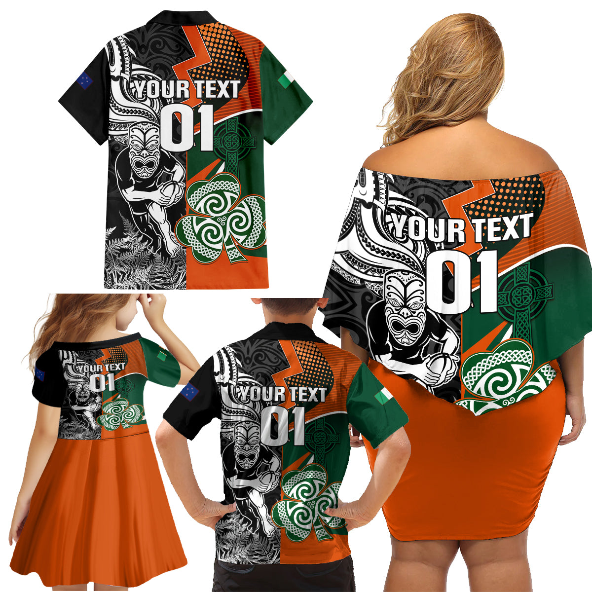 New Zealand and Ireland Rugby Family Matching Off Shoulder Short Dress and Hawaiian Shirt Silver Fern With Shamrock 2023 World Cup LT01 - Polynesian Pride
