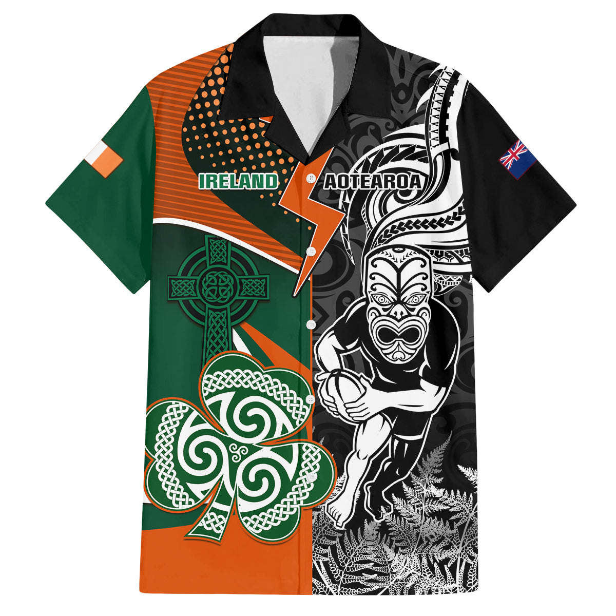 New Zealand and Ireland Rugby Family Matching Puletasi Dress and Hawaiian Shirt Silver Fern With Shamrock 2023 World Cup LT01 Dad's Shirt - Short Sleeve Art - Polynesian Pride