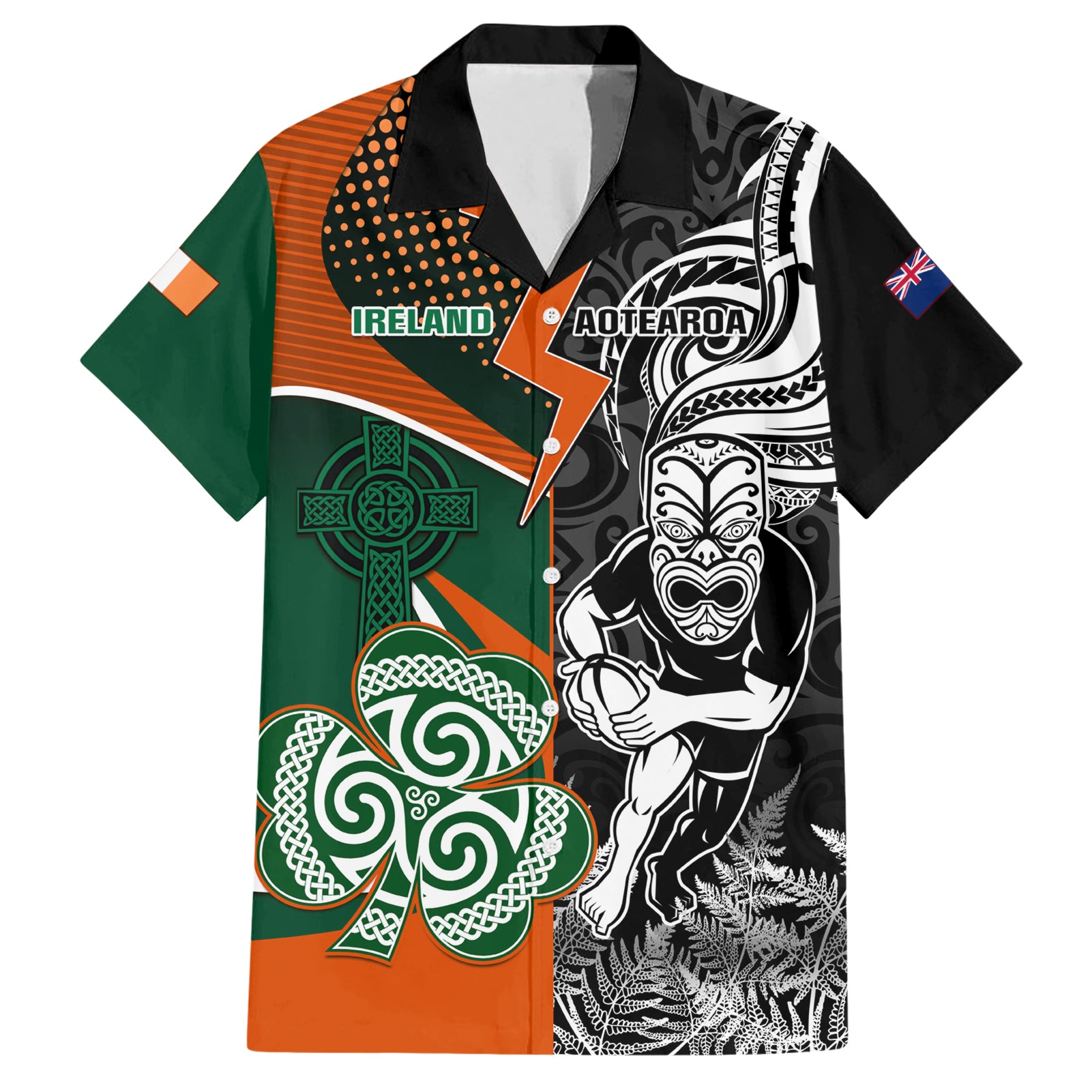 New Zealand and Ireland Rugby Hawaiian Shirt Silver Fern With Shamrock 2023 World Cup LT01 Art - Polynesian Pride