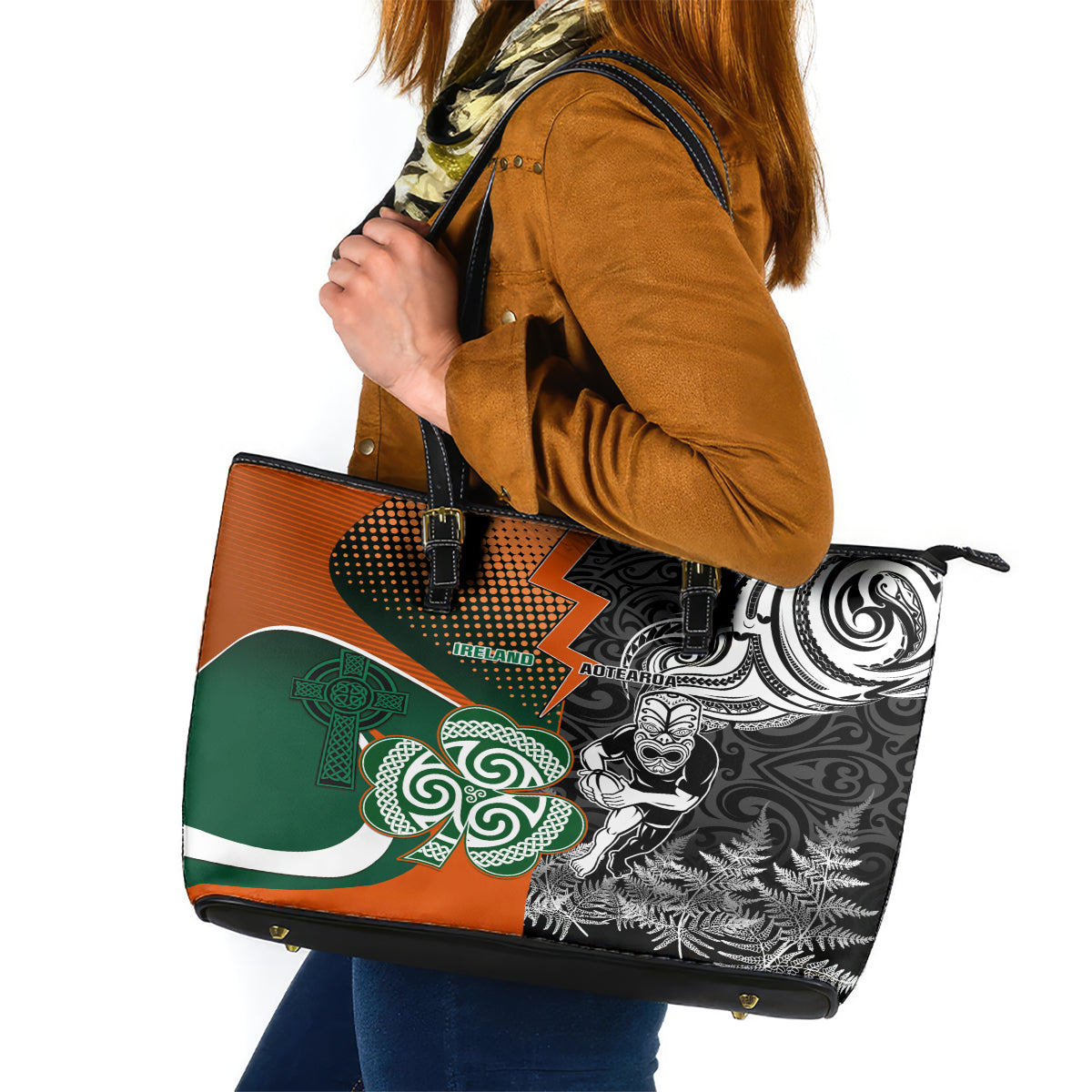 New Zealand and Ireland Rugby Leather Tote Bag Silver Fern With Shamrock 2023 World Cup LT01 Art - Polynesian Pride