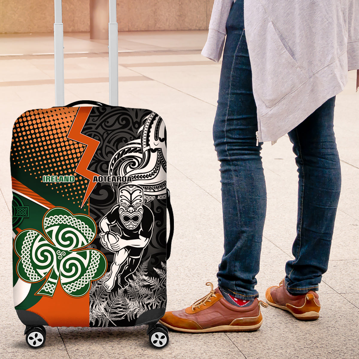 New Zealand and Ireland Rugby Luggage Cover Silver Fern With Shamrock 2023 World Cup LT01 Art - Polynesian Pride