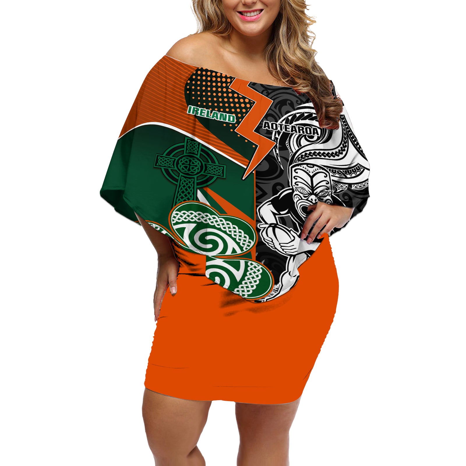 New Zealand and Ireland Rugby Off Shoulder Short Dress Silver Fern With Shamrock 2023 World Cup LT01 Women Art - Polynesian Pride