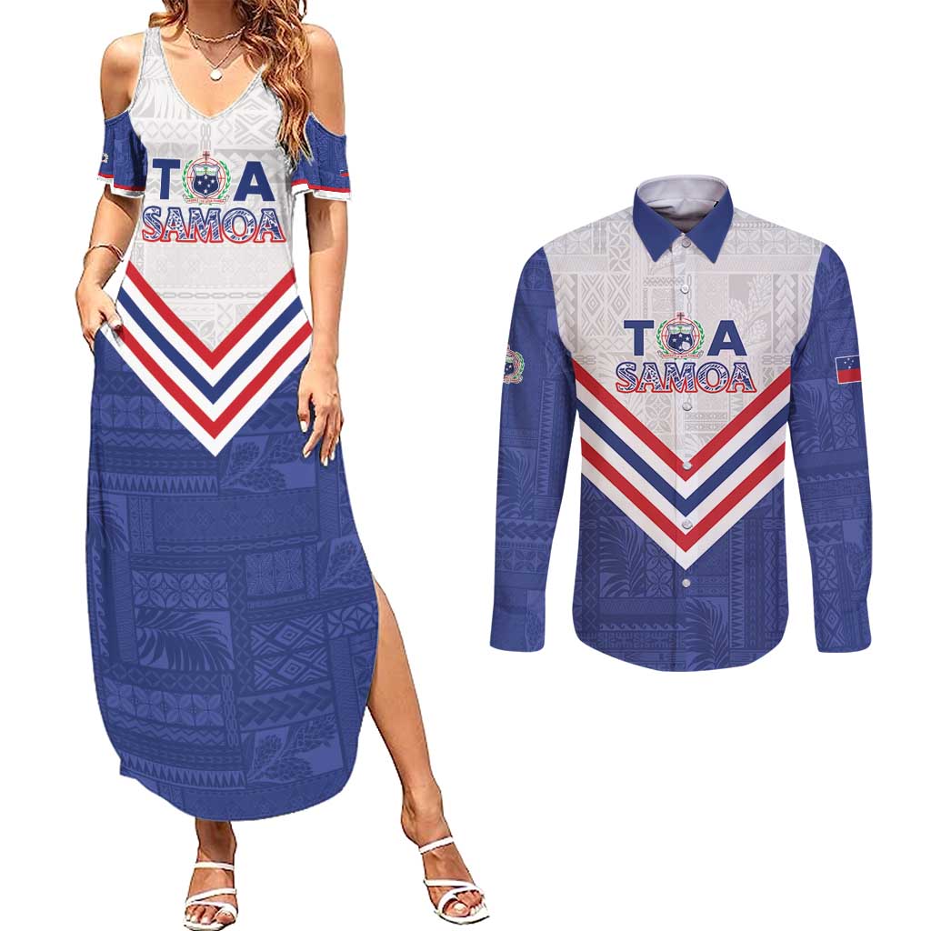 Custom Toa Samoa Rugby Couples Matching Summer Maxi Dress and Long Sleeve Button Shirt 1992-1993 Special Edition - Polynesian Pride