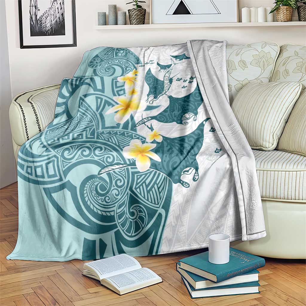 Maori Manta Ray Plumeria Teal Blanket