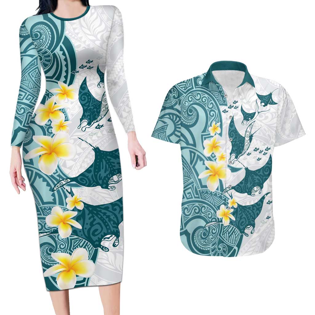 Maori Manta Ray Plumeria Teal Couples Matching Long Sleeve Bodycon Dress and Hawaiian Shirt