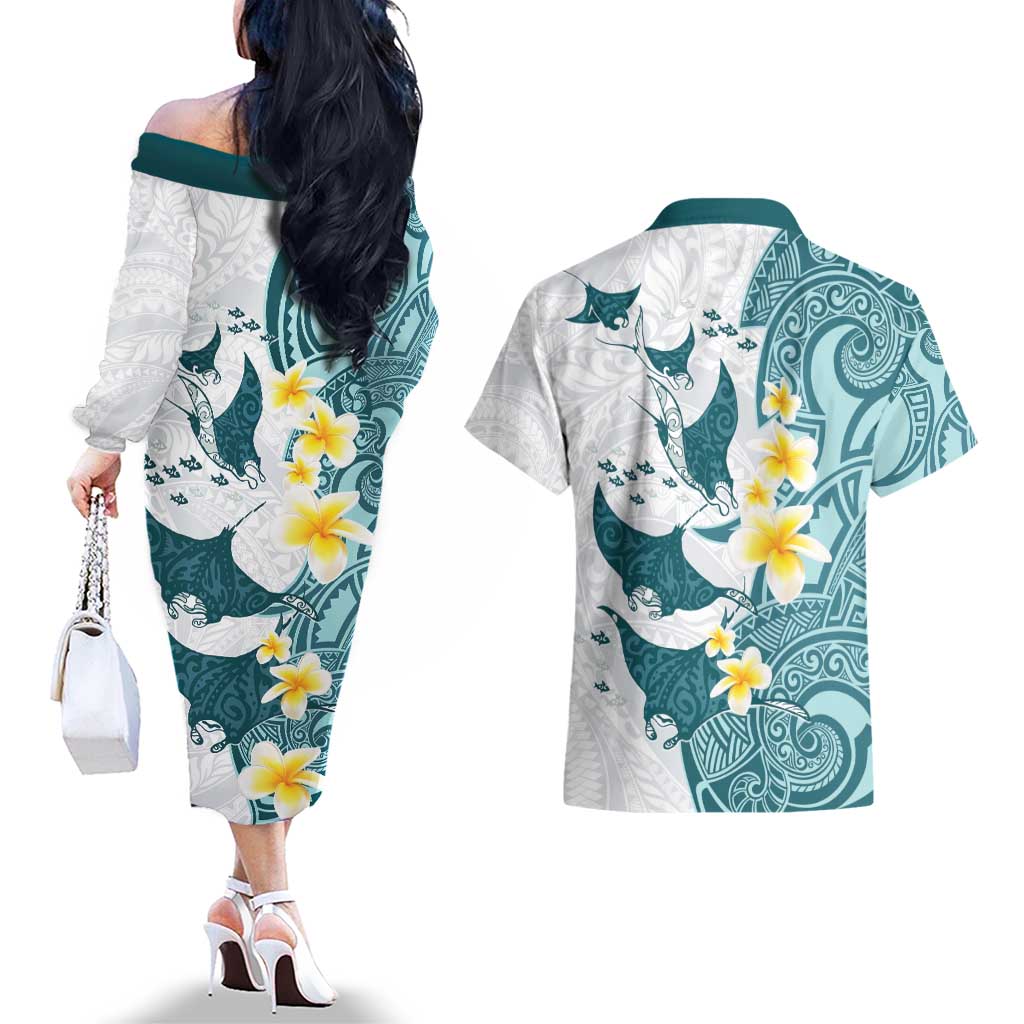 Maori Manta Ray Plumeria Teal Couples Matching Off The Shoulder Long Sleeve Dress and Hawaiian Shirt LT01 - Polynesian Pride