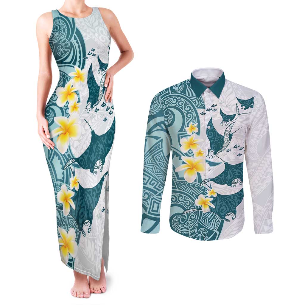 Maori Manta Ray Plumeria Teal Couples Matching Tank Maxi Dress and Long Sleeve Button Shirt LT01 Teal - Polynesian Pride