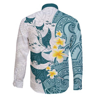 Maori Manta Ray Plumeria Teal Family Matching Long Sleeve Bodycon Dress and Hawaiian Shirt LT01 - Polynesian Pride