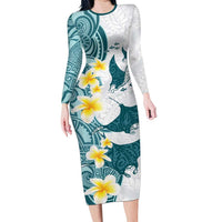 Maori Manta Ray Plumeria Teal Family Matching Long Sleeve Bodycon Dress and Hawaiian Shirt LT01 Mom's Dress Teal - Polynesian Pride