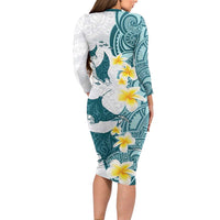 Maori Manta Ray Plumeria Teal Family Matching Long Sleeve Bodycon Dress and Hawaiian Shirt LT01 - Polynesian Pride