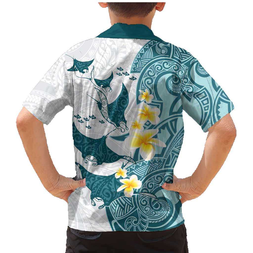Maori Manta Ray Plumeria Teal Family Matching Mermaid Dress and Hawaiian Shirt